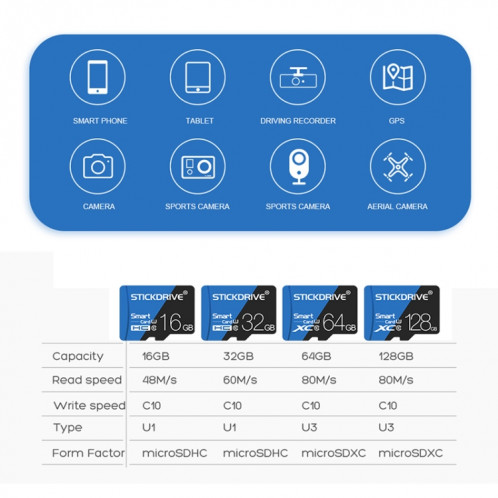 Carte mémoire STICKDRIVE 128 Go haute vitesse U3 bleue et noire TF (Micro SD) SH57621156-011