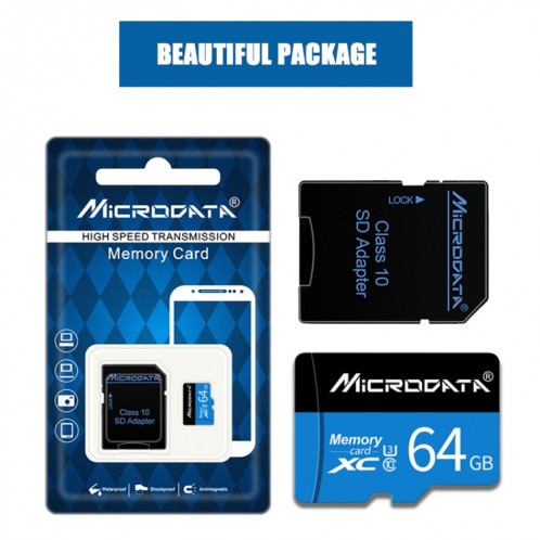 Carte mémoire MICRODATA 64 Go U3 bleue et noire TF (Micro SD) SH5798173-012