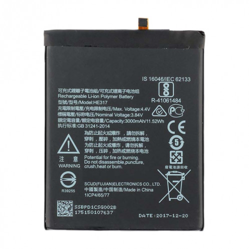 Batterie Li-ion polymère HE317 pour Nokia 6 TA-1000 TA-1003 TA-1021 TA-1025 TA-1033 TA-1039 SH2314282-04