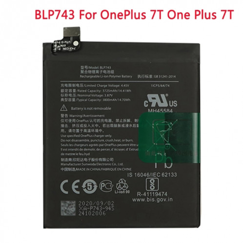 Batterie de polymère Li-ion 3800mAh BLP743 pour OnePlus 7T SH98731698-03