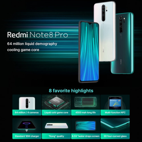 Xiaomi Redmi Note 8 Pro, appareil photo 64MP, 6 Go + 128 Go, appareils photo arrière AI quadruple, batterie 4500mAh, identification du visage et des empreintes digitales, écran Waterdrop Notch de 6,53 pouces MIUI 10 SX109W1022-017