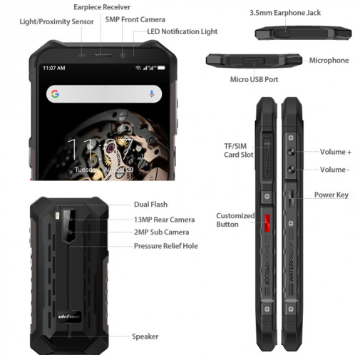  Téléphone robuste Ulefone Armor X5, 3 Go + 32 Go, IP68 / IP69K étanche à la poussière, antichoc, double caméra arrière, identification du visage, batterie 5000mAh, 5,5 pouces Android 9.0 MTK6763 SU135B1698-025