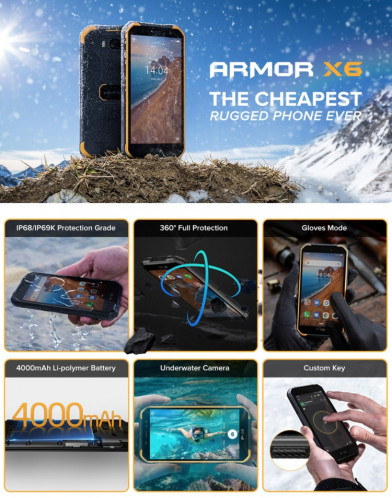  Téléphone robuste Ulefone Armor X6, 2 Go + 16 Go, IP68 / IP69K étanche à la poussière, antichoc, identification du visage, batterie 4000mAh, 5,0 pouces Android 9.0 MTK6580A / W Quad Core jusqu'à 1,3 SU386E1472-030