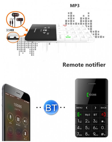 AEKU Qmart Q5 Card Téléphone portable, réseau: 2G, 5,5 mm Ultra mince Pocket Mini Slim Card Phone, 0,96 pouces, clavier QWERTY, BT, podomètre, télécommandé, musique MP3, capture à distance (noir) SA432B7-010