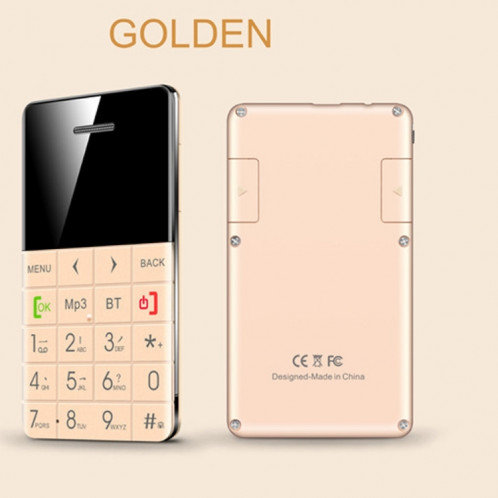 AEKU Qmart Q5 Card Téléphone portable, réseau: 2G, 5,5 mm Ultra mince Pocket Mini Slim Card Phone, 0,96 pouces, clavier QWERTY, BT, podomètre, télécommandé, musique MP3, capture à distance (Gold) SA432J6-010