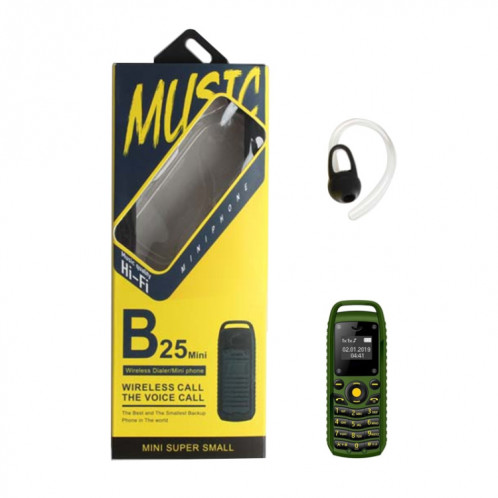 Mini téléphone portable B25 Mini, Casque de numérotation mains libres Bluetooth, musique MP3, double carte SIM, réseau: 2G (vert) SH621G1870-07