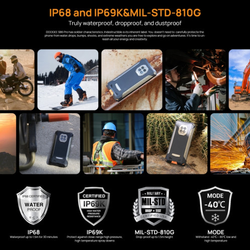  DOOGEE S86 Pro Thermomètre robuste, Thermomètre frontal, 8 Go + 128 Go, IP68 / IP69K imperméable anti-poussière anti-poussière, MIL-STD-810G, batterie 8500mAh, caméras à dos triple, identification SD658B1277-018