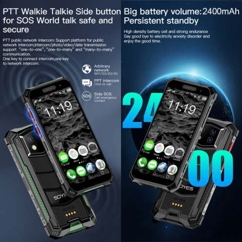 SOYES S10 MAX Mini Smartphone Robuste , 4GB + 128GB, IP68 imperméable anti-poussière, identifiant de visage et empreinte digitale, 3,5 pouces Android 10,0 mtk6762 octa jusqu'à 2.0GHz, Dual Sim, PTT Noir SH695B1459-024