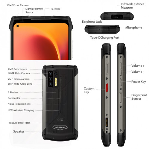  Ulefone Armor 13 téléphone robuste, mesure de distance infrarouge, 8 Go + 256 Go, Caméras quadruple arrière, IP68 / IP69K étanche anti-poussière anti-poussière, identifiant de visage et empreinte SU703B1124-021