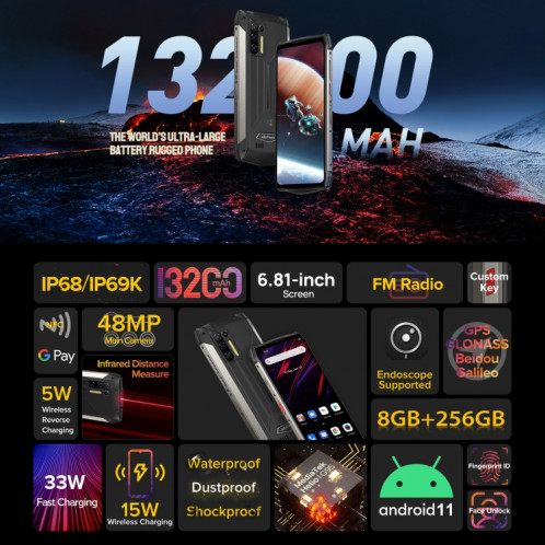  Ulefone Armor 13 téléphone robuste, mesure de distance infrarouge, 8 Go + 256 Go, Caméras quadruple arrière, IP68 / IP69K étanche anti-poussière anti-poussière, identifiant de visage et empreinte SU703B1124-021