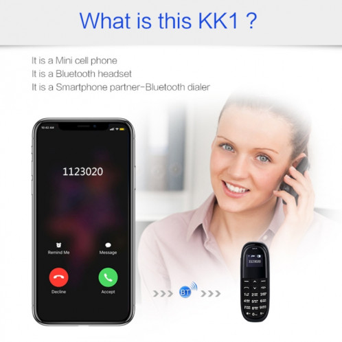 AIEK KK1 Mini Téléphone portable, Clavier anglais, Casque mains libres Bluetooth Dialer, MTK6261DA, Anti-Perdu, Carte SIM unique, Réseau: 2G (Noir) SA913B165-016