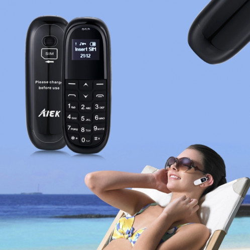 AIEK KK1 Mini Téléphone portable, Clavier anglais, Casque mains libres Bluetooth Dialer, MTK6261DA, Anti-Perdu, Carte SIM unique, Réseau: 2G (Noir) SA913B165-016