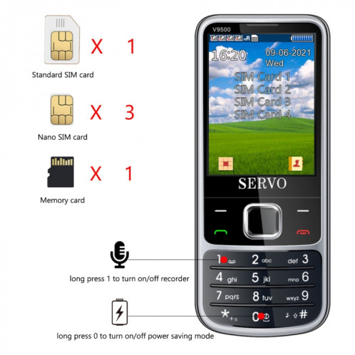 Servo V9500 téléphone portable, clé anglaise, 2,4 pouces, SPREDTRUM SC6531CA, 21 touches, support Bluetooth, FM, Son magique, lampe de poche, GSM, Quad SIM (argent) SS057S1612-014