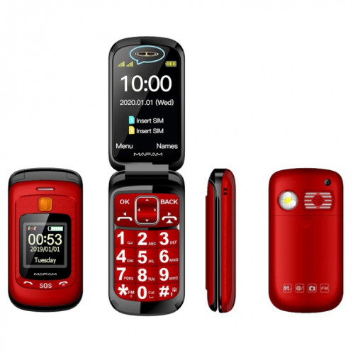 MAFAM F899 Flip Téléphone, 2,4 pouces, 32 Mo + 32 Mo, support FM, SOS, GSM, numéro de famille, grandes clés, double sim (rouge) SH158R811-08