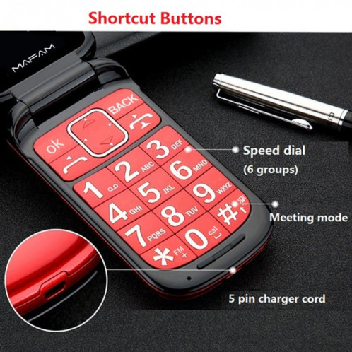 MAFAM F899 Flip Téléphone, 2,4 pouces, 32 Mo + 32 Mo, support FM, SOS, GSM, numéro de famille, grandes clés, double sim (rouge) SH158R811-08