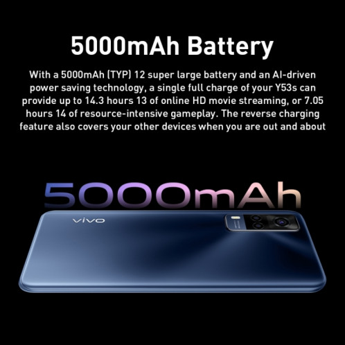 vivo Y53s 5G, appareil photo 64MP, 8 Go + 128 Go, Caméras arrière doubles, identification d'empreintes digitales latérales, batterie 5000 mAh, 6,58 pouces Android 11.0 OriginOS 1.0 Qualcomm Snapdragon 480 Octa Core SV86JS260-07