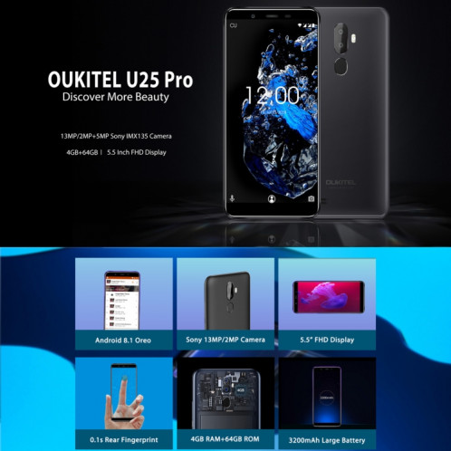  OUKITEL U25 Pro, 4 Go + 64 Go, deux caméras arrière, Identification d'empreintes digitales, 5,5 pouces Android 8.1 MTK6750T Octa Core jusqu'à 1,5 GHz, Réseau: 4G, Double SIM, OTG, OTA (Twilight) SH90JS411-014