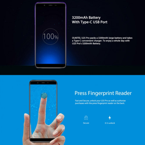  OUKITEL U25 Pro, 4 Go + 64 Go, deux caméras arrière, Identification d'empreintes digitales, 5,5 pouces Android 8.1 MTK6750T Octa Core jusqu'à 1,5 GHz, Réseau: 4G, Double SIM, OTG, OTA (Twilight) SH90JS411-014
