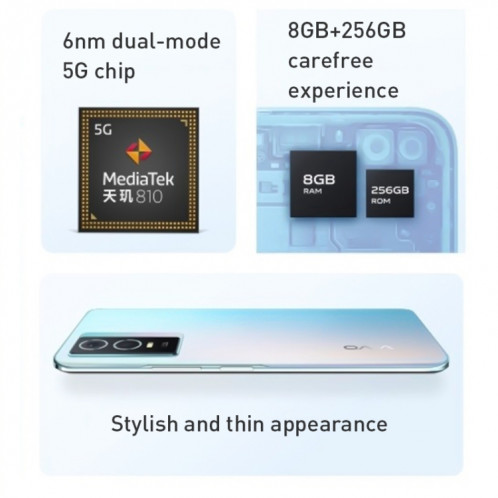 vivo Y76s 5G, appareil photo 50MP, 8 Go + 256 Go, Caméras arrière doubles, identification d'empreintes digitales latérales, batterie 4100 mAh, 6,58 pouces Android 11.0 OriginOS 1.0 Dimensity 810 Octa Core jusqu'à 2,4 SV196B1034-07