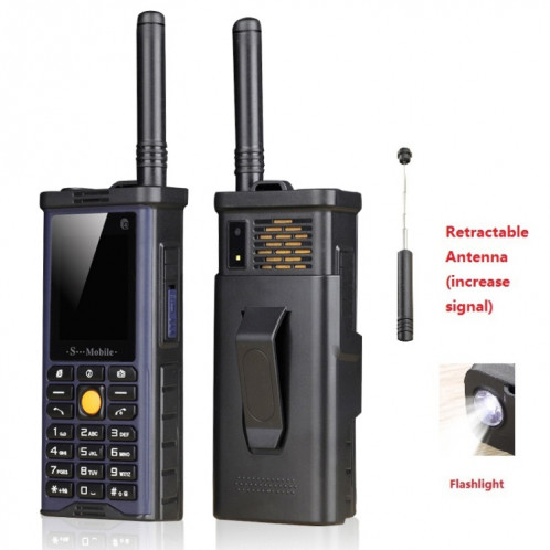 S-G8800 Téléphone pour personnes âgées à triple vérification, Étanche, antichoc, antipoussière, batterie 2400 mAh, 2,2 pouces, 21 touches, lampe de poche LED, FM, Quad SIM, avec antenne (bleu) SH209L1422-09