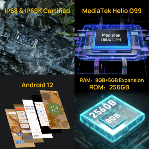  Téléphone robuste Ulefone Armor 17 Pro, vision nocturne, appareil photo 108MP, 8 Go + 256 Go, Caméras arrière doubles, IP68/IP69K étanche à la poussière et aux chocs, identification des empreintes SU319B992-010