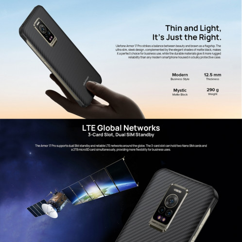  Téléphone robuste Ulefone Armor 17 Pro, vision nocturne, appareil photo 108MP, 8 Go + 256 Go, Caméras arrière doubles, IP68/IP69K étanche à la poussière et aux chocs, identification des empreintes SU319B992-010