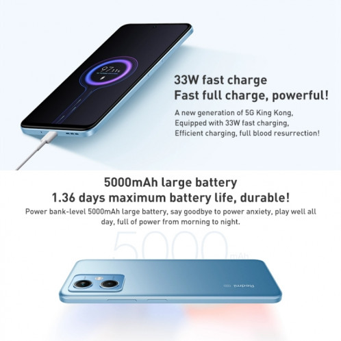 Xiaomi Redmi Note 12 5G, appareil photo 48MP, 8 Go + 128 Go, Caméras arrière doubles, batterie 5000 mAh, identification d'empreintes digitales latérales, 6,67 pouces MIUI 13 Qualcomm Snapdragon 4 Gen1 Octa Core SX335W1422-08