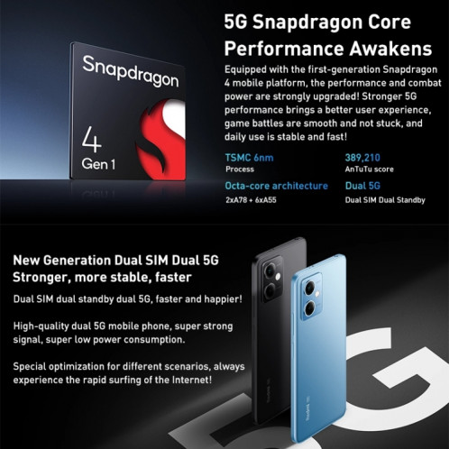 Xiaomi Redmi Note 12 5G, appareil photo 48MP, 8 Go + 256 Go, Caméras arrière doubles, batterie 5000 mAh, identification d'empreintes digitales latérales, 6,67 pouces MIUI 13 Qualcomm Snapdragon 4 Gen1 Octa Core SX337L1571-08