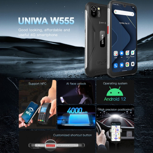 Téléphone robuste UNIWA W555, 3 Go + 32 Go, Caméras arrière doubles, IP68 étanche à la poussière et aux chocs, 5,71 pouces Android 12.0 MTK6761 Quad Core jusqu'à 2,0 GHz, réseau : 4G, NFC, OTG, version globale SU378B670-013