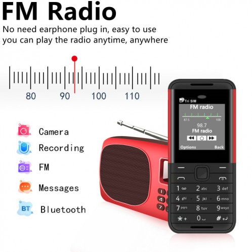 SERVO BM5310 Mini téléphone portable, clé russe, 1,33 pouces, MTK6261D, 21 touches, prise en charge Bluetooth, FM, Magic Sound, enregistrement automatique des appels, GSM, Triple SIM (rouge) SS386R1301-015