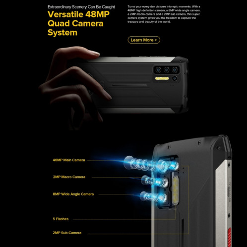  Téléphone robuste Ulefone Power Armor 13, mesure de distance infrarouge, 8 Go + 128 Go, Caméras arrière quadruples, IP68/IP69K étanche à la poussière et aux chocs, identification du visage et SU392B429-019