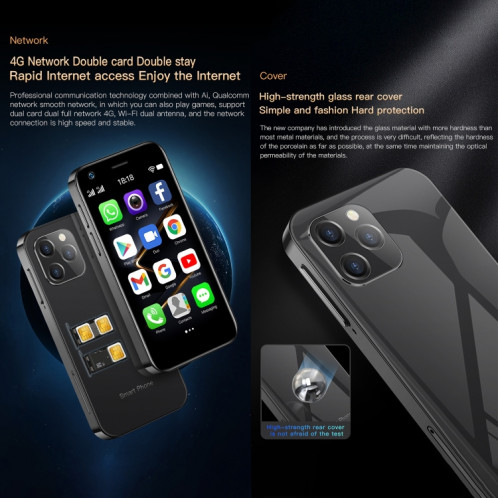 SOYES XS12 Pro, 4 Go + 64 Go, Reconnaissance faciale, 3,0 pouces Android 10.0 MTK6750 Octa Core, Bluetooth, WiFi, FM, OTG, Réseau : 4G, Double SIM, Prise en charge de Google Play (Noir) SS455B553-013