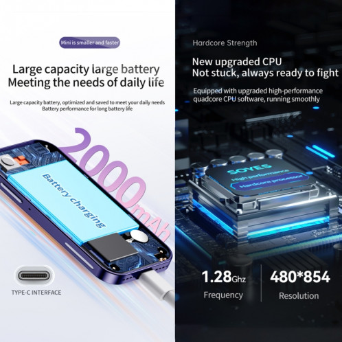 SOYES 14 Pro, 2 Go + 16 Go, Reconnaissance faciale, 3,0 pouces Android 9.0 MTK6739CW Quad Core jusqu'à 1,28 GHz, OTG, Réseau : 4G, Double SIM, Prise en charge de Google Play (Violet) SS463P413-012