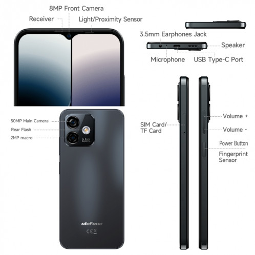 Ulefone Note 16 Pro, 8 Go + 128 Go, Caméras arrière doubles, identification du visage et identification des empreintes digitales latérales, batterie 4400 mAh, Android 13 Unisoc T606 OctaCore de 6,52 pouces jusqu'à SU468B1531-013