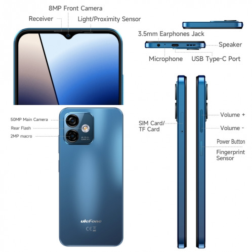 Ulefone Note 16 Pro, 8 Go + 128 Go, Caméras arrière doubles, identification du visage et identification des empreintes digitales latérales, batterie 4400 mAh, Android 13 Unisoc T606 OctaCore de 6,52 pouces jusqu'à SU468L944-013
