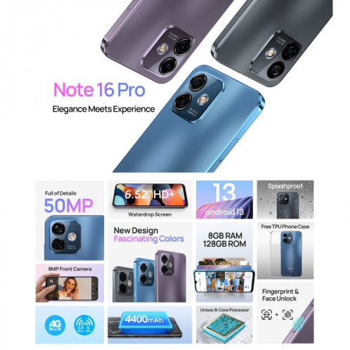 Ulefone Note 16 Pro, 8 Go + 128 Go, Caméras arrière doubles, identification du visage et identification des empreintes digitales latérales, batterie 4400 mAh, Android 13 Unisoc T606 OctaCore de 6,52 pouces jusqu'à SU468L944-013