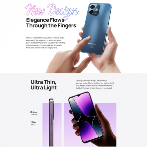 Ulefone Note 16 Pro, 8 Go + 128 Go, Caméras arrière doubles, identification du visage et identification des empreintes digitales latérales, batterie 4400 mAh, Android 13 Unisoc T606 OctaCore de 6,52 pouces jusqu'à SU468L944-013