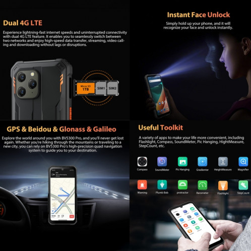  Téléphone robuste Blackview BV5300 Pro, 4 Go + 64 Go, IP68/IP69K/MIL-STD-810H, Face Unlock, Batterie 6580 mAh, 6,1 pouces Android 12 MTK6765 Helio P35 Octa Core jusqu'à 2,3 GHz, Réseau : 4G, OTG, NFC, SB470E534-018