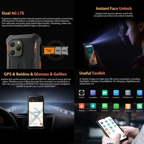 Téléphone robuste Blackview BV5300 Pro, 4 Go + 64 Go, IP68/IP69K/MIL-STD-810H, Face Unlock, Batterie 6580 mAh, 6,1 pouces Android 12 MTK6765 Helio G35 Octa Core jusqu'à 2,3 GHz, Réseau : 4G, OTG, NFC, SB470B1235-018