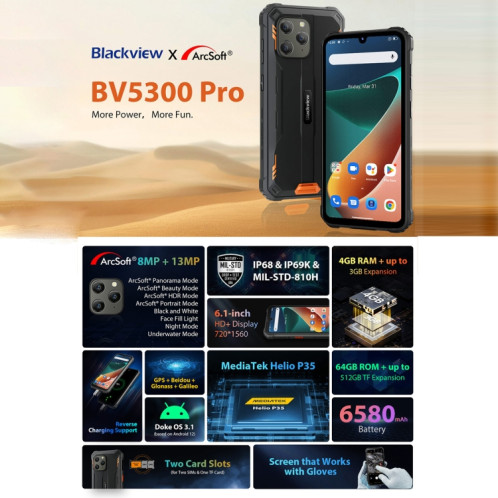 Téléphone robuste Blackview BV5300 Pro, 4 Go + 64 Go, IP68/IP69K/MIL-STD-810H, Face Unlock, Batterie 6580 mAh, 6,1 pouces Android 12 MTK6765 Helio G35 Octa Core jusqu'à 2,3 GHz, Réseau : 4G, OTG, NFC, SB470B1235-018