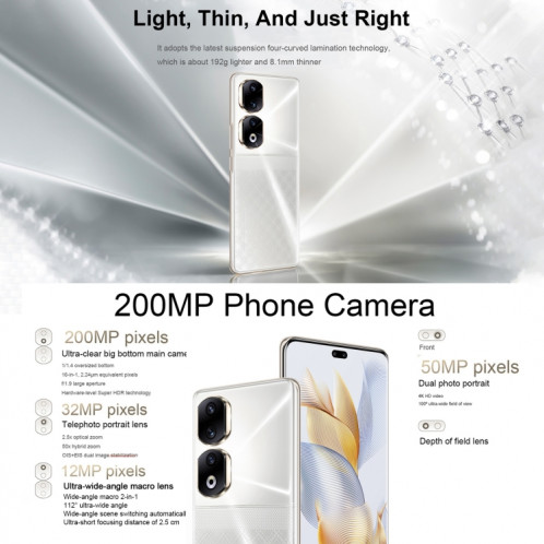 Honor 90 Pro 5G REP-AN00, appareils photo 200MP, 16 Go + 256 Go, version chinoise, Caméras arrière triples + caméras frontales doubles, identification des empreintes digitales de l'écran, 6,78 pouces Magic UI 7.1 SH500S734-015