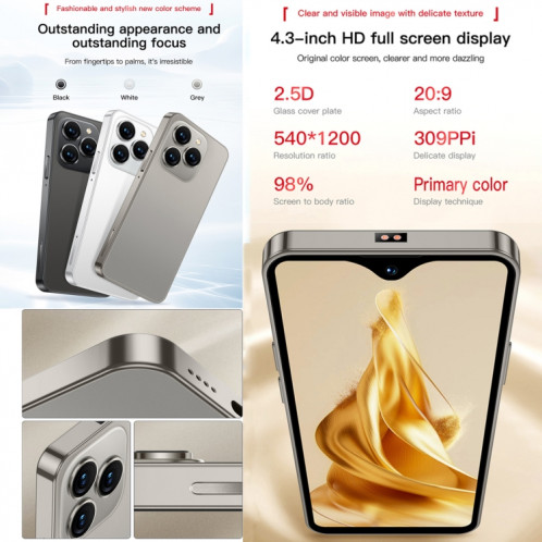 SOYES XS18 Pro Max, 2 Go + 16 Go, Face ID, 4,3 pouces Android 8.1 MTK6737A Quad Core, Réseau : 4G, OTG, Double SIM (Gris) SS596H1221-013