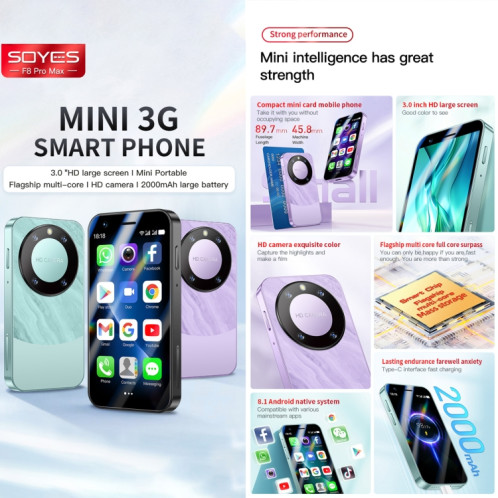 SOYES F8 Pro Max, 1 Go + 16 Go, 3,0 pouces Android 8.1 MTK6580 Quad Core, Réseau : 3G, Double SIM (Vert) SS620G937-013