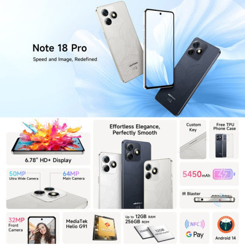  Ulefone Note 18 Pro, 6 Go + 256 Go, Face ID et empreinte digitale latérale, 6,78 pouces Android 14 MediaTek Helio G91 MTK6769 Octa Core, Réseau : 4G, Double SIM, OTG, NFC (Moonlit White) SU623W219-019