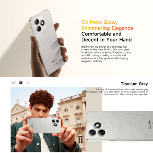  Ulefone Note 18 Pro, 6 Go + 256 Go, Face ID et empreinte digitale latérale, 6,78 pouces Android 14 MediaTek Helio G91 MTK6769 Octa Core, Réseau : 4G, Double SIM, OTG, NFC (Moonlit White) SU623W219-019