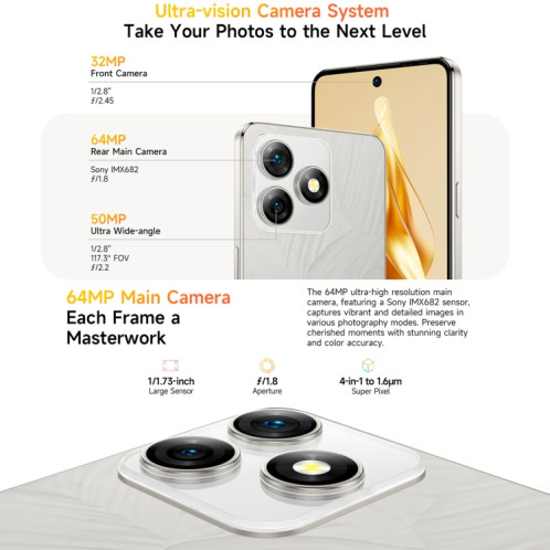  Ulefone Note 18 Pro, 6 Go + 256 Go, Face ID et empreinte digitale latérale, 6,78 pouces Android 14 MediaTek Helio G91 MTK6769 Octa Core, Réseau : 4G, Double SIM, OTG, NFC (Moonlit White) SU623W219-019