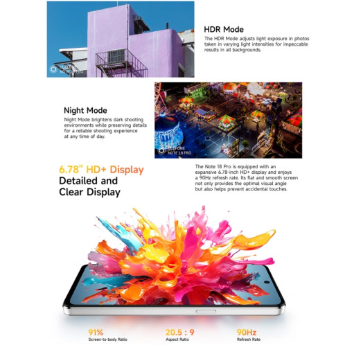  Ulefone Note 18 Pro, 6 Go + 256 Go, Face ID et empreinte digitale latérale, 6,78 pouces Android 14 MediaTek Helio G91 MTK6769 Octa Core, Réseau : 4G, Double SIM, OTG, NFC (Moonlit White) SU623W219-019