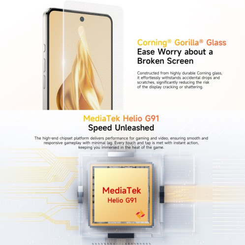  Ulefone Note 18 Pro, 6 Go + 256 Go, Face ID et empreinte digitale latérale, 6,78 pouces Android 14 MediaTek Helio G91 MTK6769 Octa Core, Réseau : 4G, Double SIM, OTG, NFC (Moonlit White) SU623W219-019