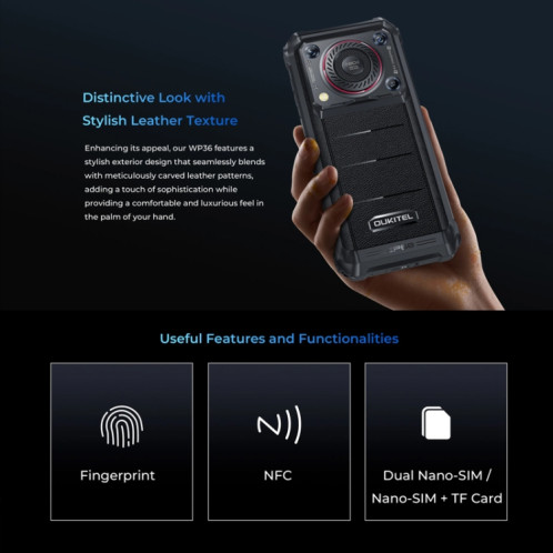  Oukitel WP36 Pro, 6 Go + 256 Go, IP68/IP69K, identification par empreinte digitale, 10600 mAh, 6,52 pouces MediaTek MT8788 Octa Core, NFC, OTG, réseau : 4G (noir) SO631B1305-017