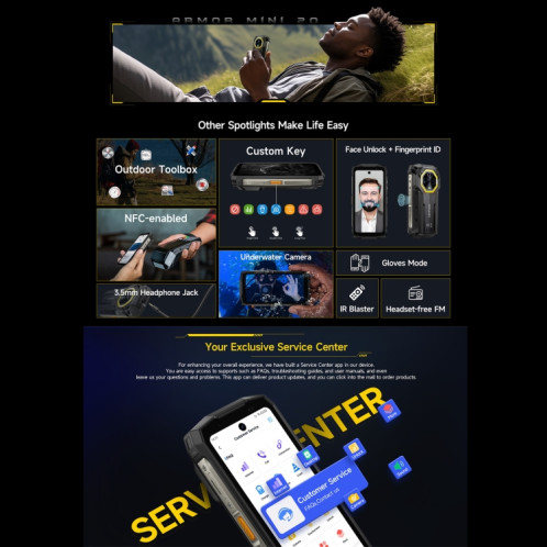  Ulefone Armor Mini 20, vision nocturne, 8 Go + 256 Go, téléphone robuste IP68/IP69K, 4,7 pouces Android 14 MediaTek Helio G99 Octa Core, réseau : 4G, NFC, OTG (noir) SU633B1011-010